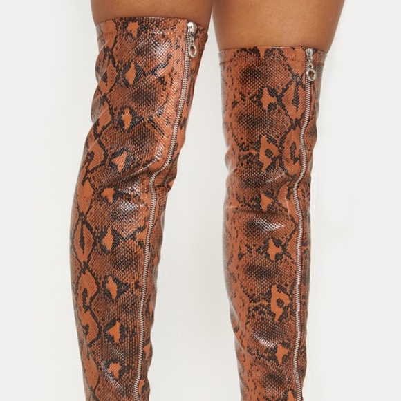 Brown Snake Front Zip Up Thigh High Boots Thigh High Vegan Size 8 - Picture 4 of 10